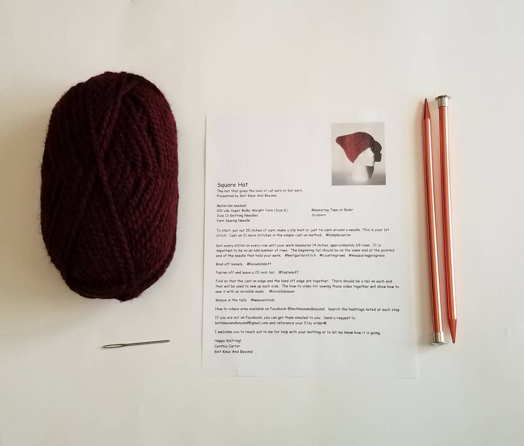 Square Hat Knit Kit, Easy Knit Project, Knitting Subscription Box, Cat Ears Beanie Knit Kit, Double Point Tobaggan Kit