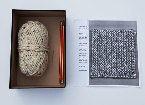 Ivory Marble Beginner Knit Kit, Easy Potholder Knit Box, New Knitter Project, Starter Chunky Knit Idea, DIY Knitted Kitchen Accessory